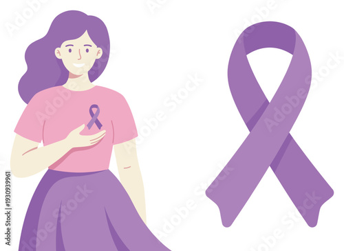 Smiling woman and purple awareness ribbon represent solidarity and support for important health causes and advocacy.