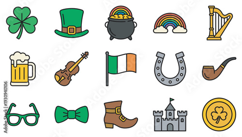 St. Patrick's Day icons and symbols are neatly arranged in a colorful collection representing Irish culture and traditions.