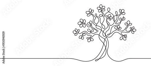 Continuous line art tree illustration with abstract leaves and flowing branches representing growth and nature.