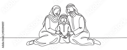Arab family portrait in continuous line art style depicting a happy mother, father, and child sitting together.