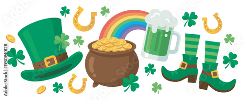 St. Patrick's Day symbols collection features leprechaun hat, pot of gold, green beer, and lucky shamrocks, perfect for festive designs.
