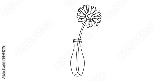 Single continuous line drawing flower in a vase illustration showcasing minimalist floral art and elegant simplicity.