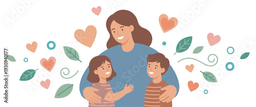 Mother daughter son family embracing together happily surrounded by decorative hearts and leaves illustration.