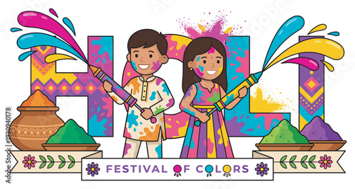 Joyful children celebrating Holi festival with vibrant colors, playing with water guns and powdered paint, capturing the essence of the Indian spring holiday.