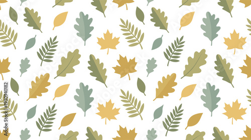 Autumn leaves pattern design featuring various stylized foliage elements in muted green and golden hues scattered randomly.