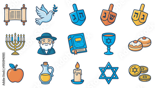 Jewish symbols and religious icons representing various traditions and holidays are presented in a charming flat design style.