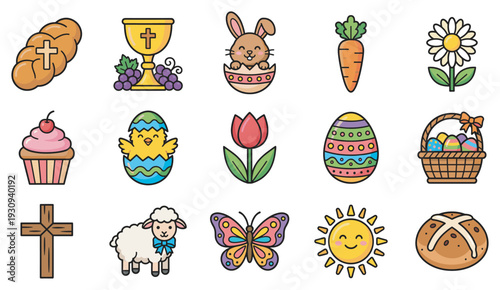 Collection of colorful Easter and Christian holiday symbols and icons representing springtime, faith, and celebration in a charming cartoon style.
