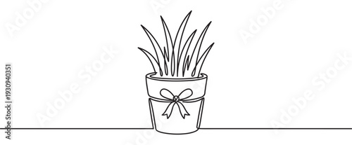 Stylish potted plant illustration with a charming bow design, beautifully rendered in a modern continuous line art style.