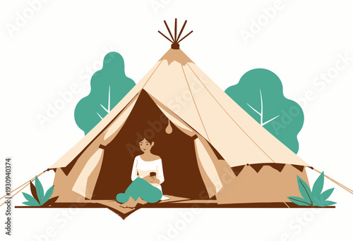 Woman Relaxing Inside a Large Tent with Smartphone, Surrounded by Trees and Outdoor Elements on a Sunny Day in a Peaceful, Natural Setting