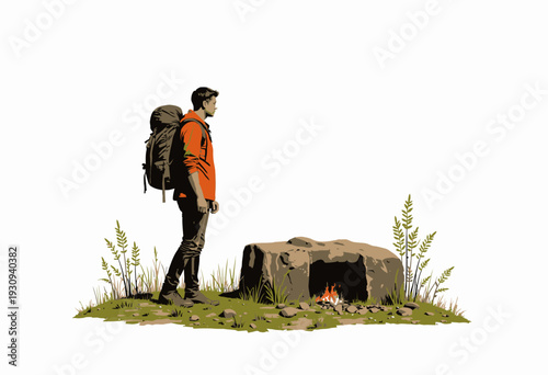 Young Backpacker with Equipment Standing by a Campsite Rock Fireplace on Grass