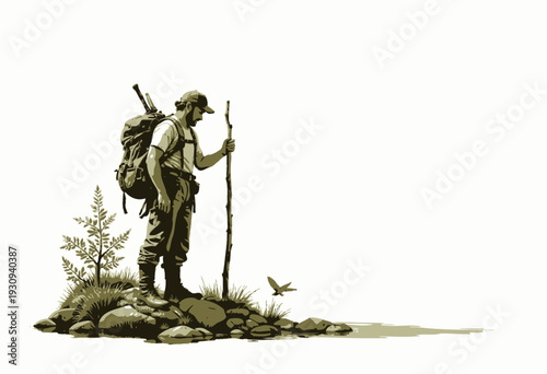 Man with backpack and walking stick standing on rocky coastline with grass, gazing at small bird flying near the water's edge under a clear sky