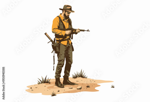 Solitary Explorer in Expedition Gear Standing in Desert Landscape Holding Rifle Ready for Adventure