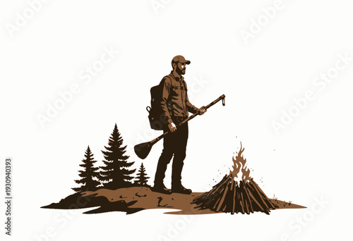 Illustration of a Man Preparing for Camping with Hiking Gear while Standing Beside a Bonfire in a Forest Setting