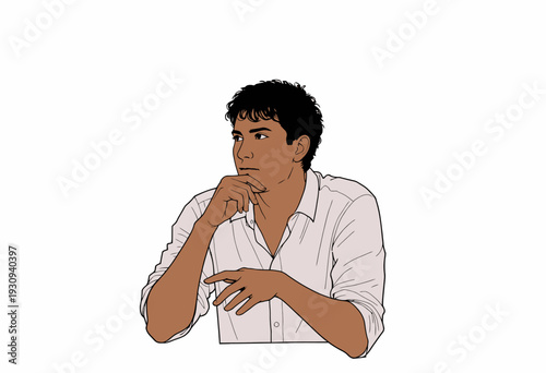 Illustration of Thoughtful Man Wearing White Shirt with Hand on Chin in Contemplative Pose, Displaying Curly Hair and Introspective Facial Expression