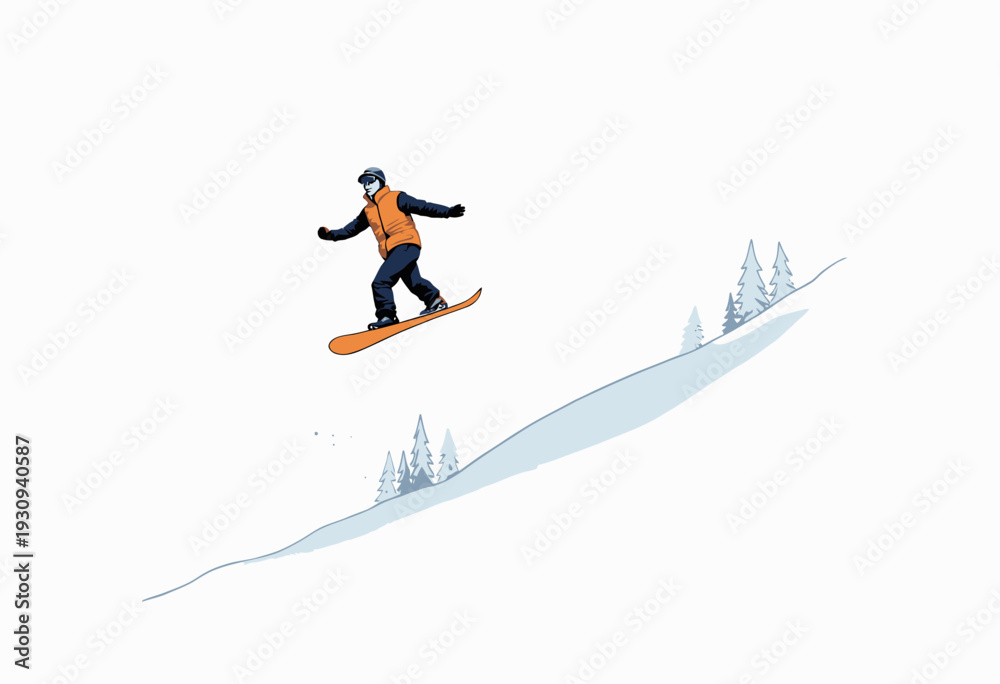 Fototapeta premium Person snowboarding down a steep snowy hill wearing an orange vest, performing a jump with snowy trees in the background under a clear sky