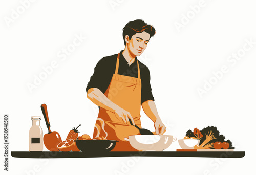Young chef wearing an apron skillfully preparing a delicious vegetable dish with fresh ingredients at a modern kitchen counter