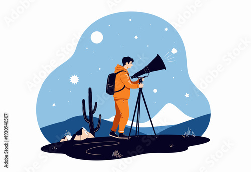 Illustration of a Stargazer Observing Night Sky Through Telescope in a Desert Landscape Featuring Mountains and Cactus Under Starry Heavens