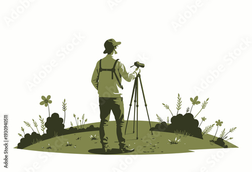 Nature Enthusiast Capturing Scenic Beauty with Camera on Tripod in a Picturesque Meadow with Wildflowers and Greenery
