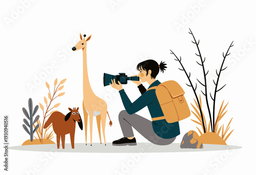 Nature photographer capturing wildlife with camera sitting amidst diverse flora featuring giraffe and dog-like animal in serene outdoor environment