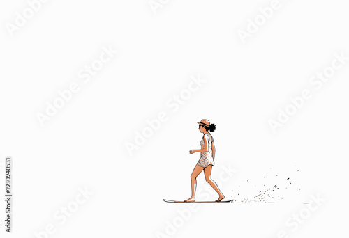 Minimalist Illustration of a Woman in a Swimsuit Walking on the Beach with a Wide Open Space around Her Capturing a Sense of Tranquility and Freedom