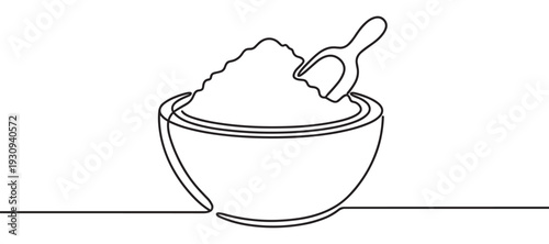 Bowl of powder with scoop in continuous line art style, ideal for culinary and baking concepts and food preparation