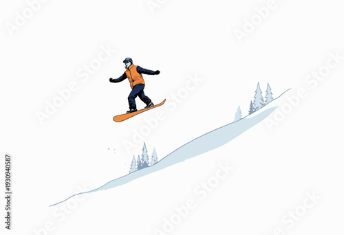 Person snowboarding down a steep snowy hill wearing an orange vest, performing a jump with snowy trees in the background under a clear sky