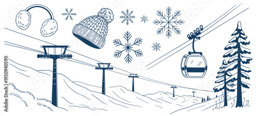 A whimsical illustration of winter sports and activities in a snowy landscape isolated on white background, Vector, illustration