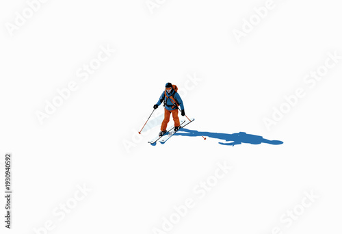 Solitary Skier Carves Through Pristine Snowy Slope During a Clear Sunny Day, Showcasing Skillful Navigation on Steep Terrain with Blue Sky Background