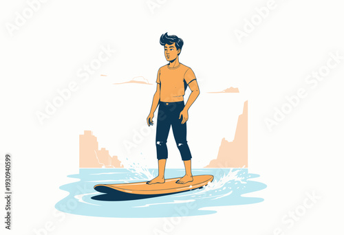 Illustrated Youth Balancing on a Surfboard with Confidence Set Against a Sunlit Sea and Pristine Coastal Background