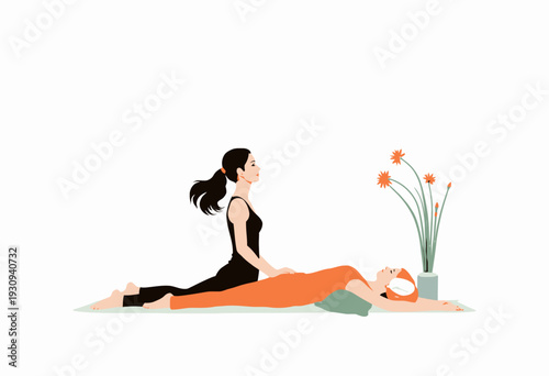Illustration of a Peaceful Yoga Meditation Session Featuring Two Women in Relaxation Pose with Flowers in a Minimalist Setting