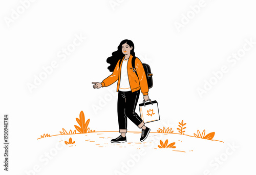 Illustrated woman walking with trendy backpack and stylish jacket on a casual stroll surrounded by minimalist landscape elements and subtle vegetation