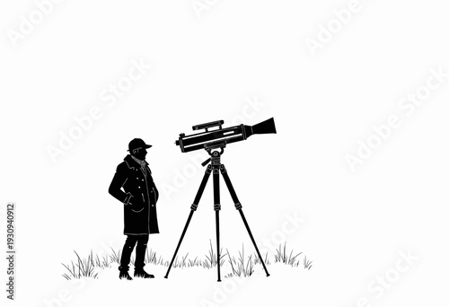 Silhouetted Figure Observing Through a Large Telescope on a Tripod in Open Field, Capturing the Essence of Astronomical Exploration and Stargazing