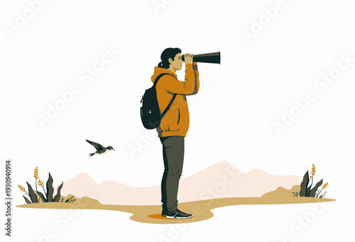 Young explorer with binoculars observing distant landscapes and nature in a serene setting, surrounded by minimalistic flora and a bird flying overhead