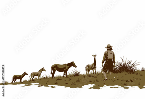Illustration of a Hiker Observing Diverse Group of Grazing Wildlife on a Hillside with Sparse Grass and Clear Sky