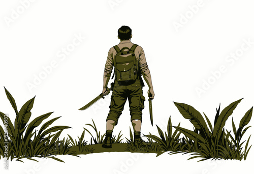 Illustration of an Adventurous Explorer Standing in Wild Jungle with Dual Machetes Ready for an Expedition Amidst Dense Green Foliage and Survival Gear