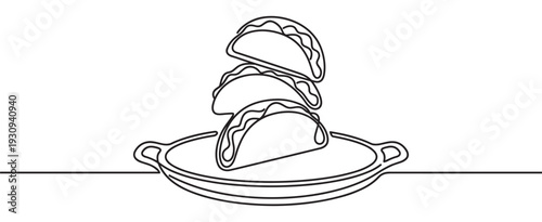 Three delicious tacos stacked on a traditional skillet, representing popular Mexican street food in a continuous line art style.