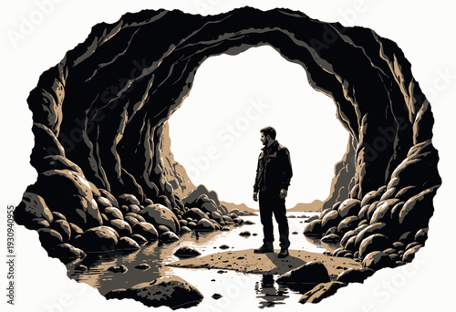 Man Standing at the Entrance of a Mysterious Cave Surrounded by Rugged Rocks and a Gentle Stream Flowing Through the Enchanting Natural Scene