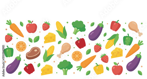 Various fresh healthy food items, including fruits, vegetables, dairy, and meat, form a colorful and appealing flat illustration.