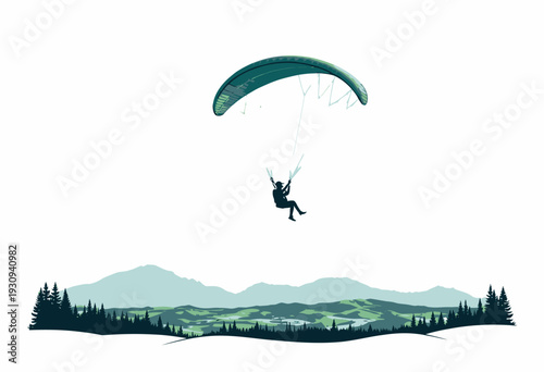 A Paraglider Silhouetted Against a Clear Sky Above a Scenic Landscape with Rolling Hills and Forested Mountains