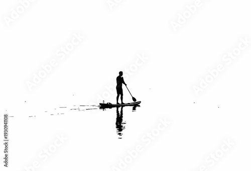 Solitary figure paddleboarding on a calm lake reflecting a serene minimalist silhouette against a vast and tranquil horizon