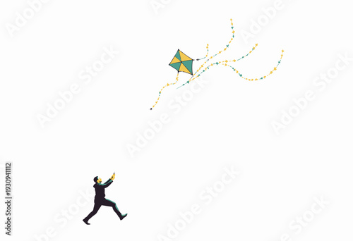 Colorful Geometric Kite Ascends Amidst Clear Skies with Joyful Man Holding Energetic Strings Creating Vibrant Pattern of Whirling Tails in the Air