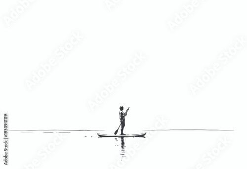 Solitary Paddler Navigating Calm Waters on a Stand-Up Paddleboard Creating a Serene Scene in a Minimalist Black and White Photograph
