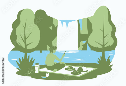 Scenic Picnic by the Waterfall with Lush Greenery and Refreshing Waters Capturing Leisure and Nature's Beauty in a Serene Outdoor Setting