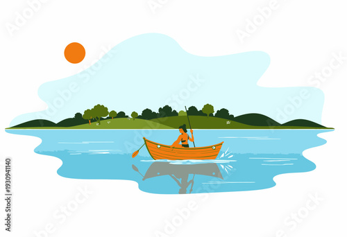 A Peaceful Solo Rowing Experience on a Serene Lake Surrounded by Green Hills and a Clear Blue Sky Under the Warm Sunlight