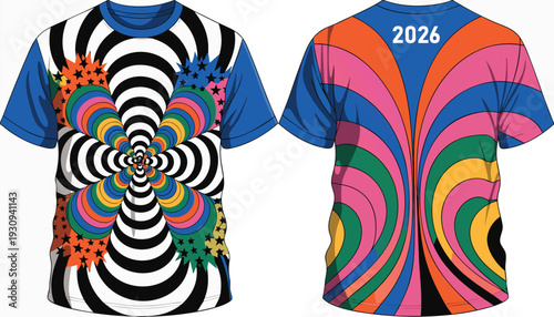 A colorful t-shirt with a psychedelic design on the front and back