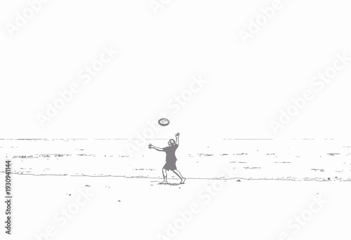 Illustrated Scene of a Person Enjoying Frisbee on a Serene and Empty Beach with Calm Ocean Waves in the Background Under a Clear Sky
