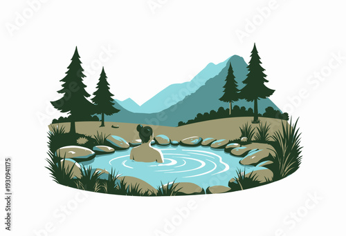 Peaceful Solitude in Nature: A Woman's Serene Retreat in a Natural Hot Spring Amidst Verdant Mountains and Lush Pine Forests
