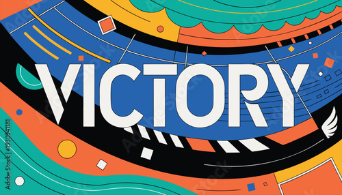 A colorful graphic design with the word victory