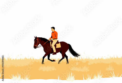 Illustration of a Person Riding a Dark Brown Horse Across a Field of Golden Grass with a Clear White Sky in the Background