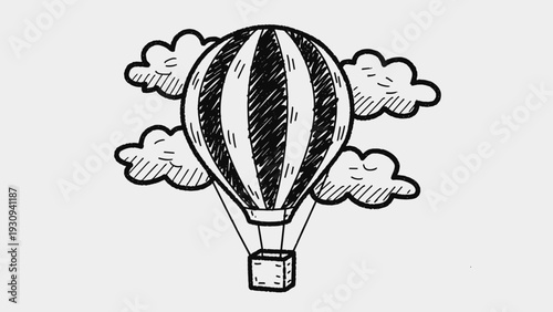 Black and White Hot Air Balloon Illustration.